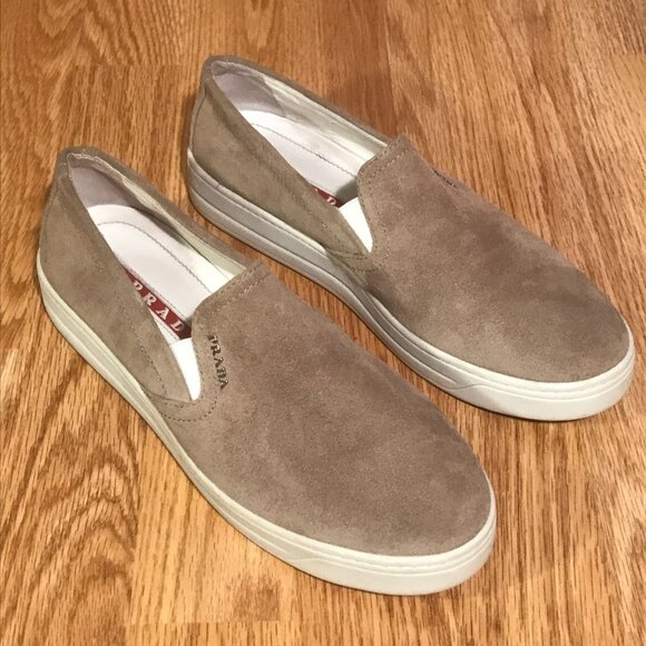 Prada Tan Suede Leather Slip on Sneaker Loafers Size 7 - Picture 1 of 12